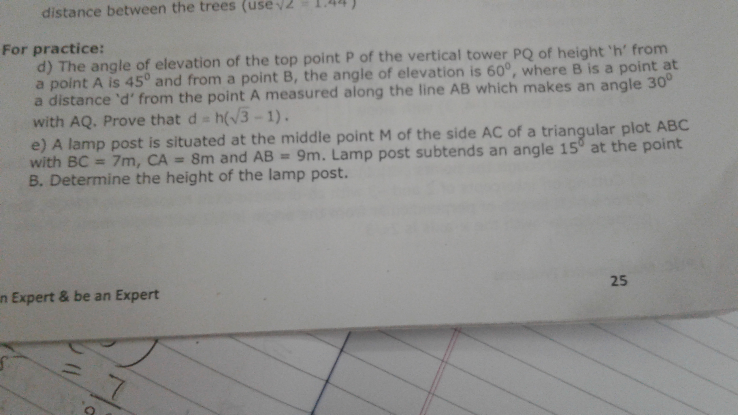 Question image for The angle of elevation of the top point P of the